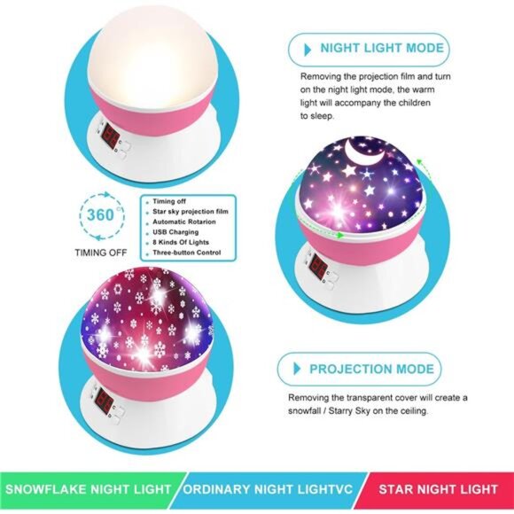 Snowflake Projector Night Light Indoor, Snowflake Nightlight with Timer, Stars - Picture 5 of 7